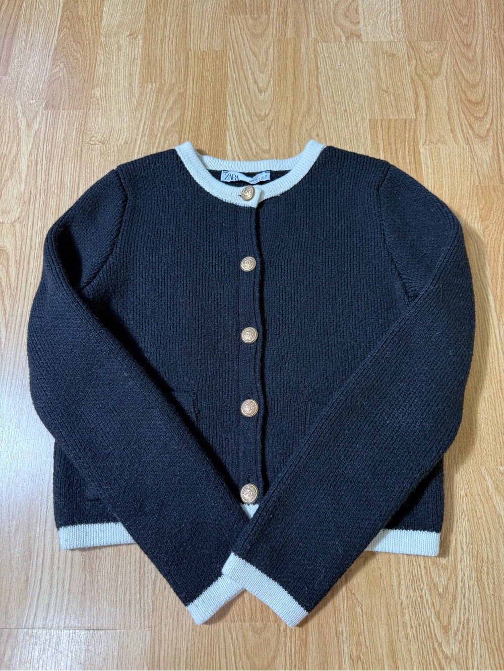 ZARA Black Knit Cardigan with Cream Trim - Size S